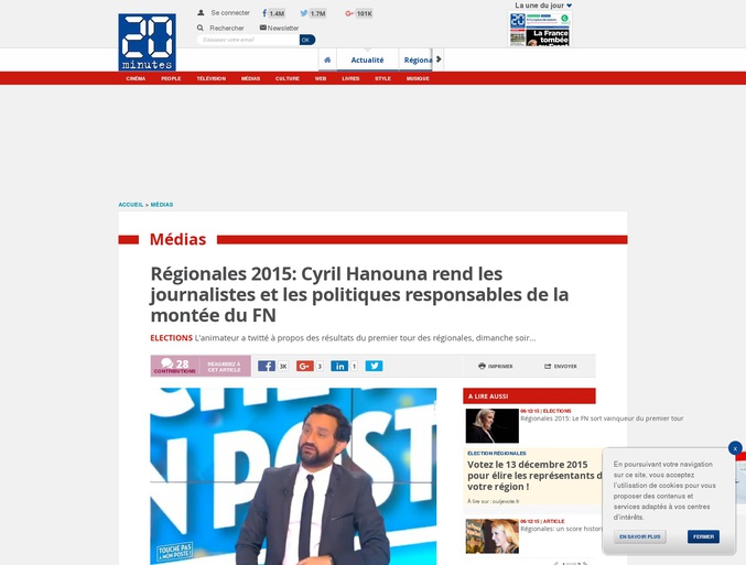 Cyril Hanouna suite au résultat du 1er tour des régionnales 2015 accuse les informations de course à l'audience, qu'ils exagérent volontairement sur ce qu'il les arrange et du coup sont responsable de la montée du FN.