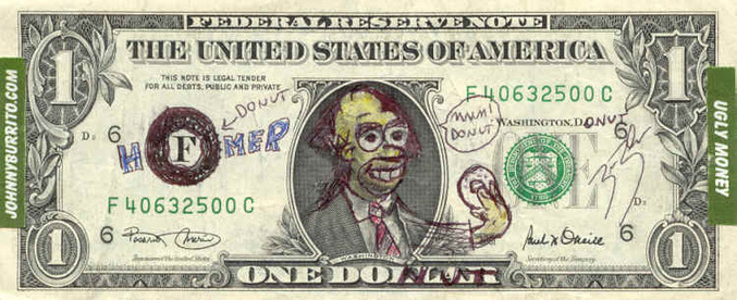 Un billet d'un dollar avec Homer Simpsons.