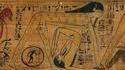 Une section du Livre des morts de la princesse Hénouttaouy, représentant Osiris, le seigneur des enfers et juge des morts, couché sous la personnification du ciel nocturne
