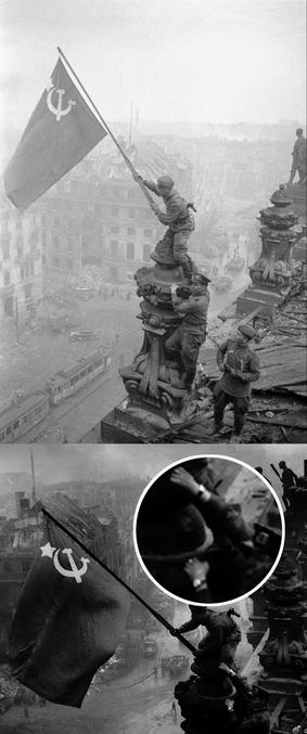 Il y a eu plusieurs fameux clichés pris à cette occasion. Mais le calme des rues avoisinantes fait penser que nous sommes bien après le 8 Mai 1945. Cette "reconstitution" servant la propagande stalinienne. On dénote toutefois un couac, sur une photo originale, le militaire placé entre les 2 autres possède DEUX montres, prouvant ainsi sa participation à un acte de rapine; les correcteurs de photo soviétiques s'empressèrent d'en faire disparaître une pour des raisons morales.