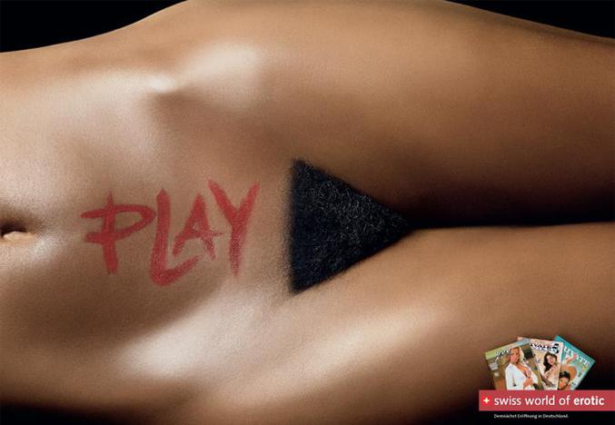 Un publicité pour une revue érotique où le sexe de la femme forme le bouton 'play'