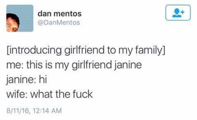 moi : Voici Janine ma nouvelle petite amie
Ma femme : C'EST QUOI CE BORDEL

un tweet de Dan Mentos : https://twitter.com/danmentos
