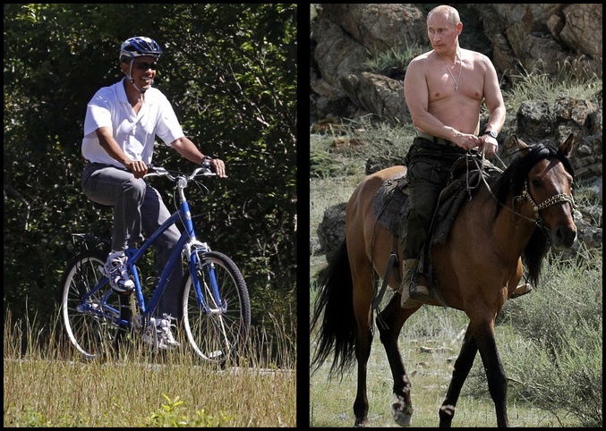 Obama sur un vélo et poutine sur son cheval.