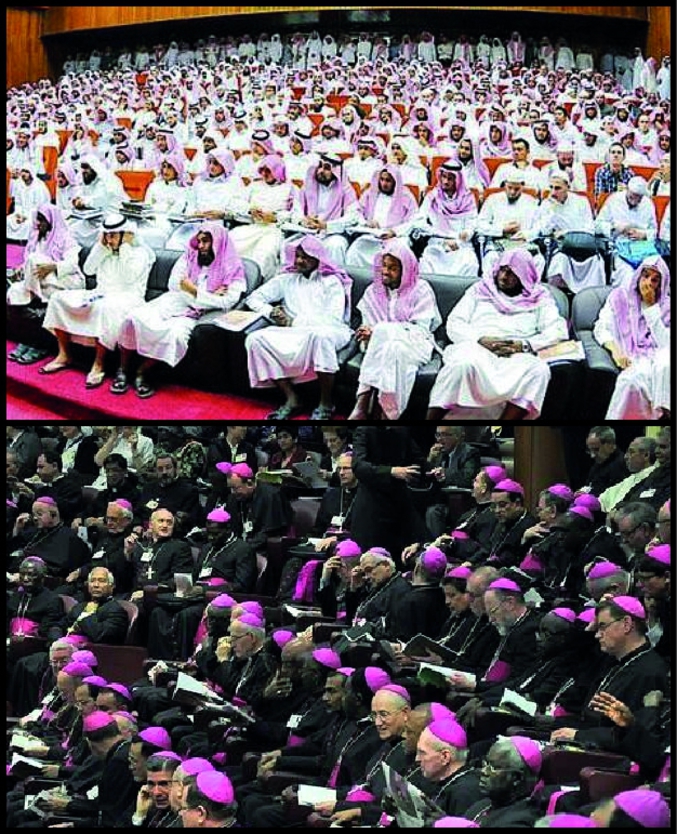 En haut, photo prise à lors d'un colloque sur le droit des femmes en Arabie Saoudite. En bas, photo prise lors du Synode sur la Famille (octobre 2015). (mise en parallèle de Luca Paladini)