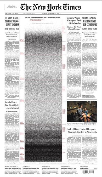 La première page du New York Times aujourd'hui, alors que les États-Unis approchent de 500,000 morts du Covid-19. Chaque point représente une vie perdue.