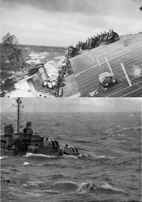Les tempêtes y sont souvent terribles : voir la gîte de ce porte-avions et ce croiseur s'enfonçant dans d'énormes lames durant la WW2.