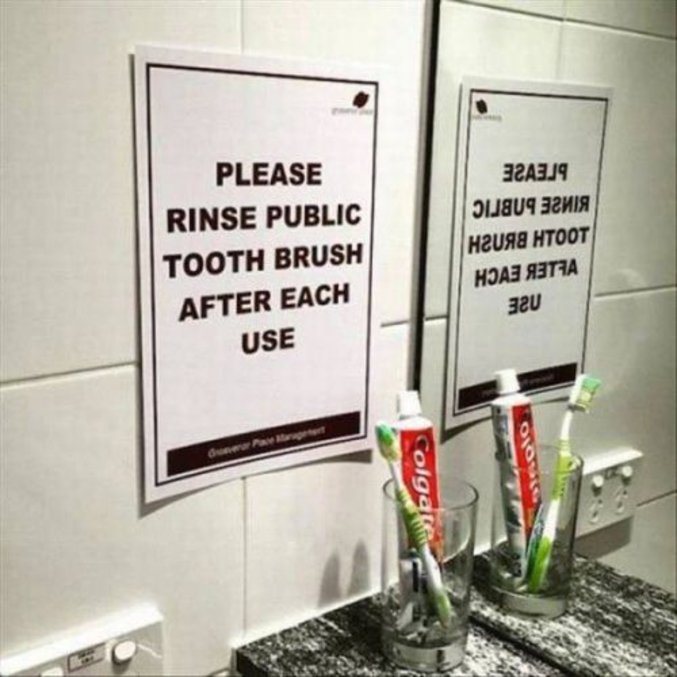 "S'il vous plaît, veuillez rincer la brosse à dents publique après chaque utilisation".
