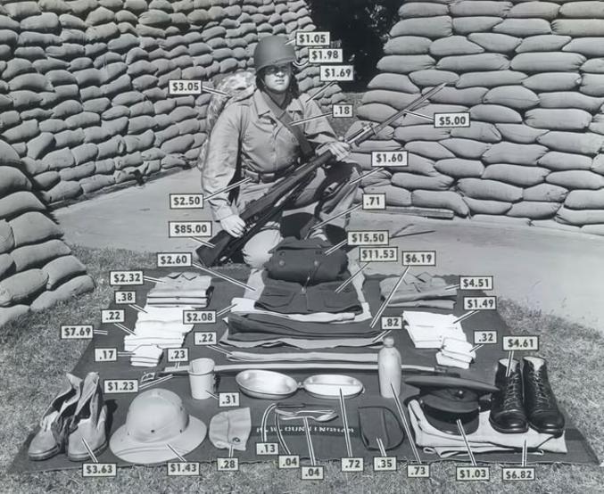 On remarquera que cuillère & fourchette ne valent pas tripette (4 cents l'unité), alors que le fusil Garand est le plus chérot. Il s'agit sans doute de la valeur du dollar entre 1946 et 1950.