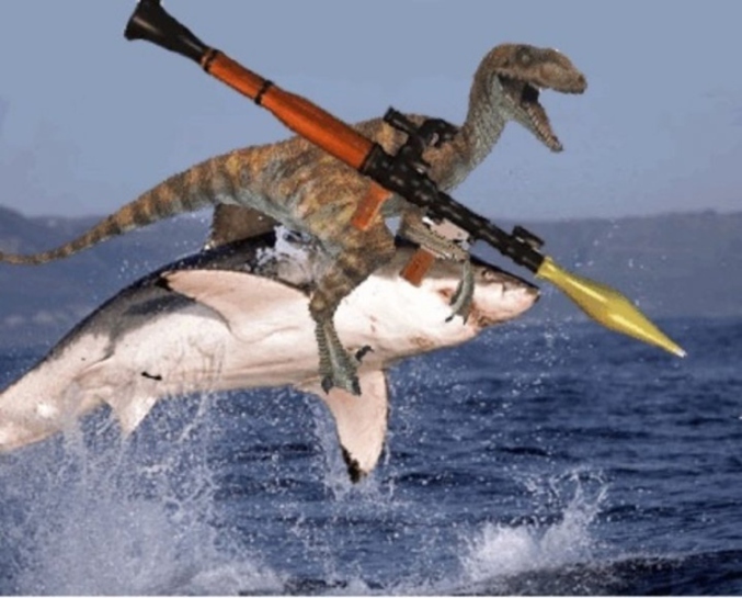Un velociraptor sur un requin avec un lance-roquettes ?