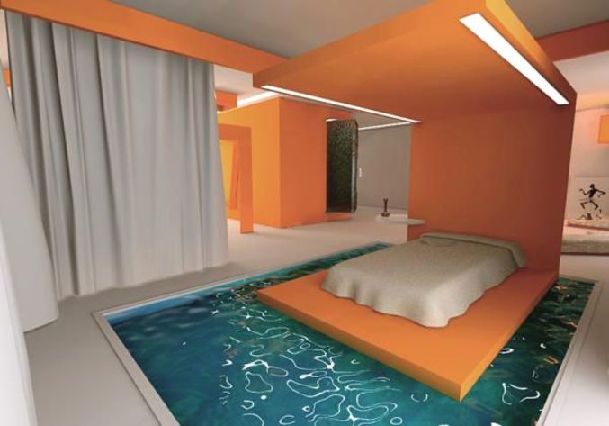 Une chambre dont le lit est sur l'eau