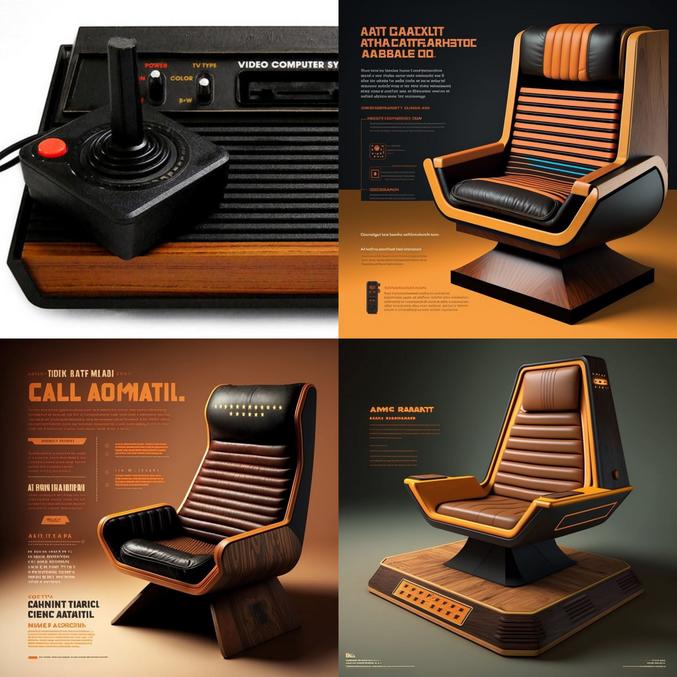 Les infos que j'ai:
- auteur inconnu
- IA inconnue
- mots clés inconnus
- posté sur instagram par toystudio71

Il y a d'autres exemples en commenaire sur le site où j'ai trouvé ces images.

https://www.core77.com/posts/119639/AI-Generated-Design-of-Three-Gaming-Chairs-Based-on-the-Atari-2600