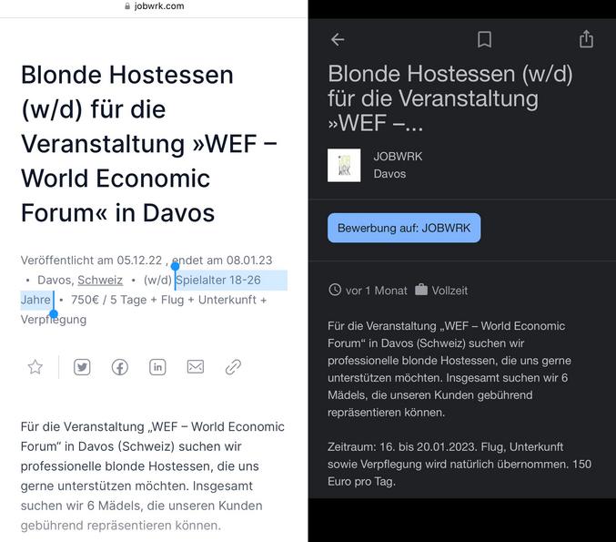 Eh bien Klaus Schwab s'interesse à toi !!! Il cherche des hôtesses pour son WEF (World Economic Forum)...
https://jobwrk.com/job/blonde-hostessen-w-d-fuer-die-veranstaltung-wef-world-economic-forum-in-davos/
...
Et, j'ajouterai si possible, avec une énorme paire de nibs et un cul de ouf, le tout déguisé en souris grises de la Wehrmacht ! :]