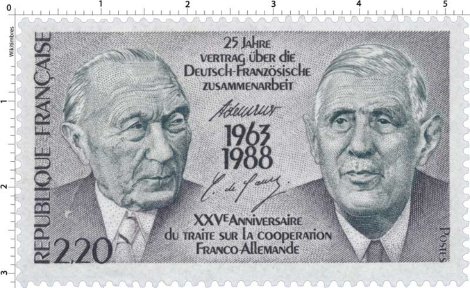 Ce timbre est sorti en 1988 en France et en Allemagne pour les 25 ans du traité.  Dessiné en France et imprimé en Allemagne, il a la particularité de manquer d'accent.