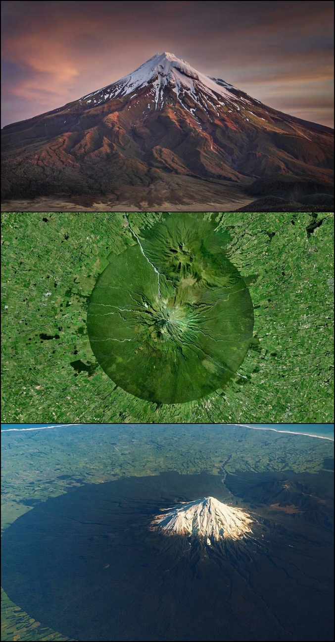 Le mont Taranaki, en Nouvelle-Zélande, est un volcan au repos quasi symétrique, à l'image du Fujiyama. De plus en plus grignotés par les terrains agricoles, ses flancs commencèrent à être protégés en 1881 avec la création d'une réserve forestière sur les pentes du volcan dans un rayon de 9,6 kilomètres autour du sommet, dont on retrouve la forme circulaire aujourd'hui.