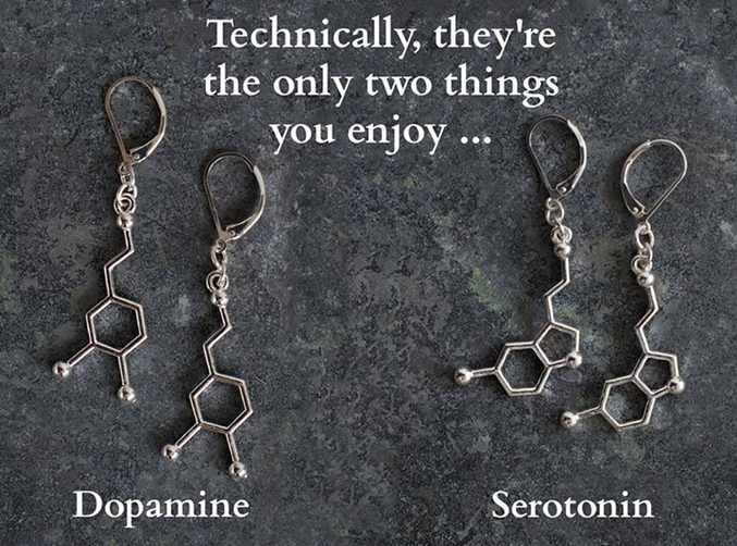 Dopamine et sérotonine, les deux molécules que font que la vie est belle (ici, représentées en boucle d'oreille).