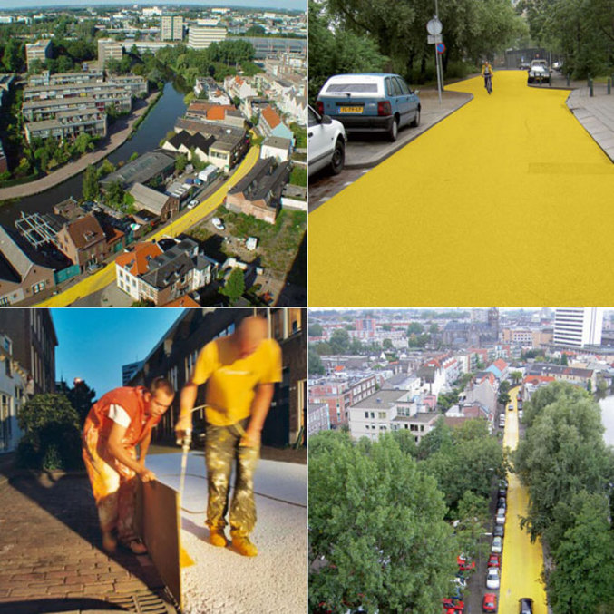 Une rue entière totalement peinte en jaune.
