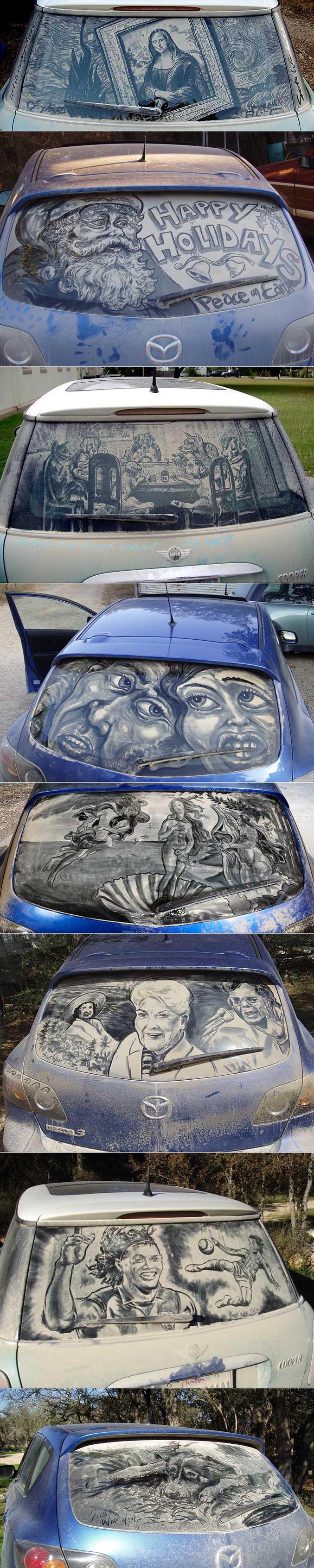Des dessins réalisés sur des voitures poussiéreuses.