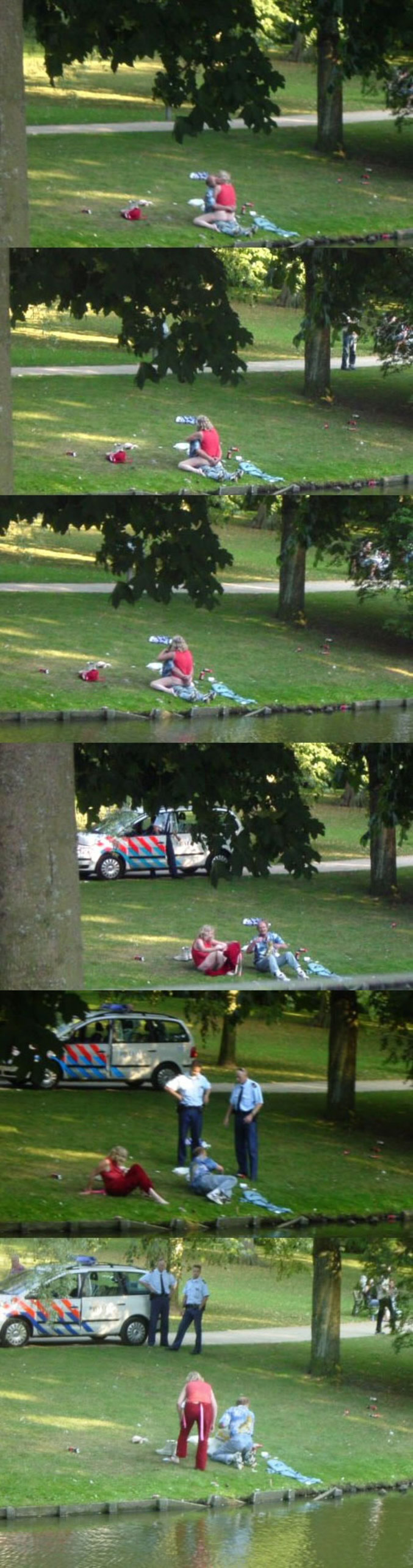 Un couple exhibitionniste fait l'amour dans un parc public puis se fait arrêter.