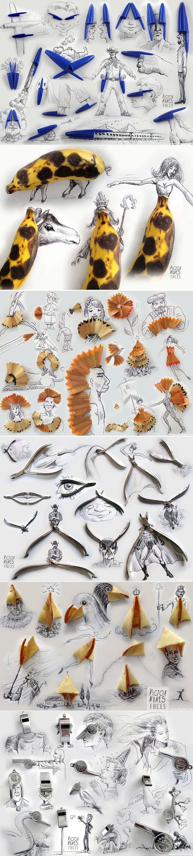 Victor Nunes, artiste espagnol, détourne avec humour des objets de tous les jours pour les intégrer dans ses dessins.
https://www.facebook.com/victornunesfaces