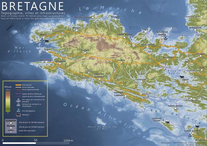 Un scientifique a réalisé une carte de la Bretagne à niveau marin +70m, quand tous les glaciers auront fondu. La ville de Rennes a disparu et celle de Nantes est devenue Nantes-sur-mer. Le futur CHU construit sur l'île de Nantes en zone innondable sera englouti sous les eaux.