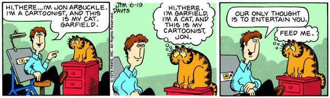 1ère planche du comic strip Garfield, apparue le 19 juin 1978 dans plus de 41 journaux différents.