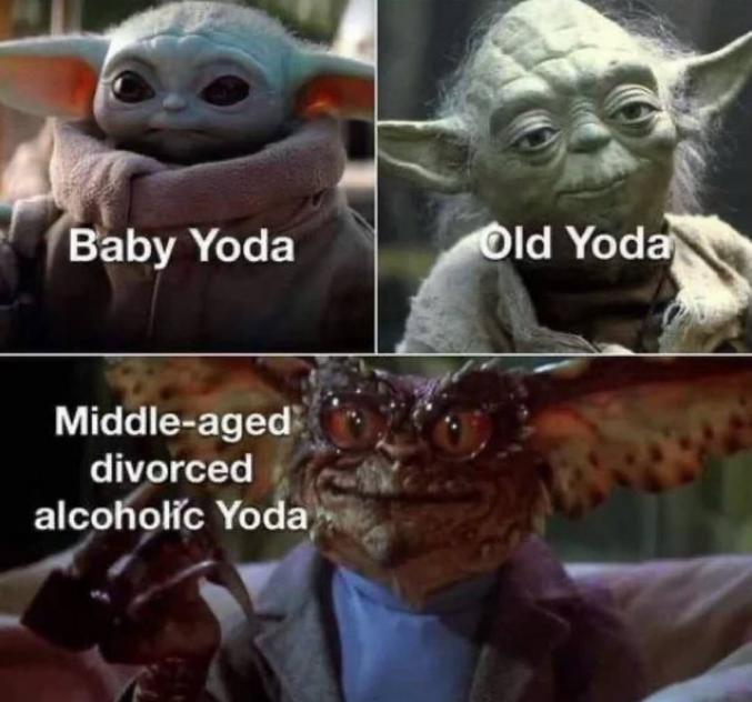 Bébé Yoda
Vieux Yoda
Yoda d'âge moyen divorcé et alcoolique 