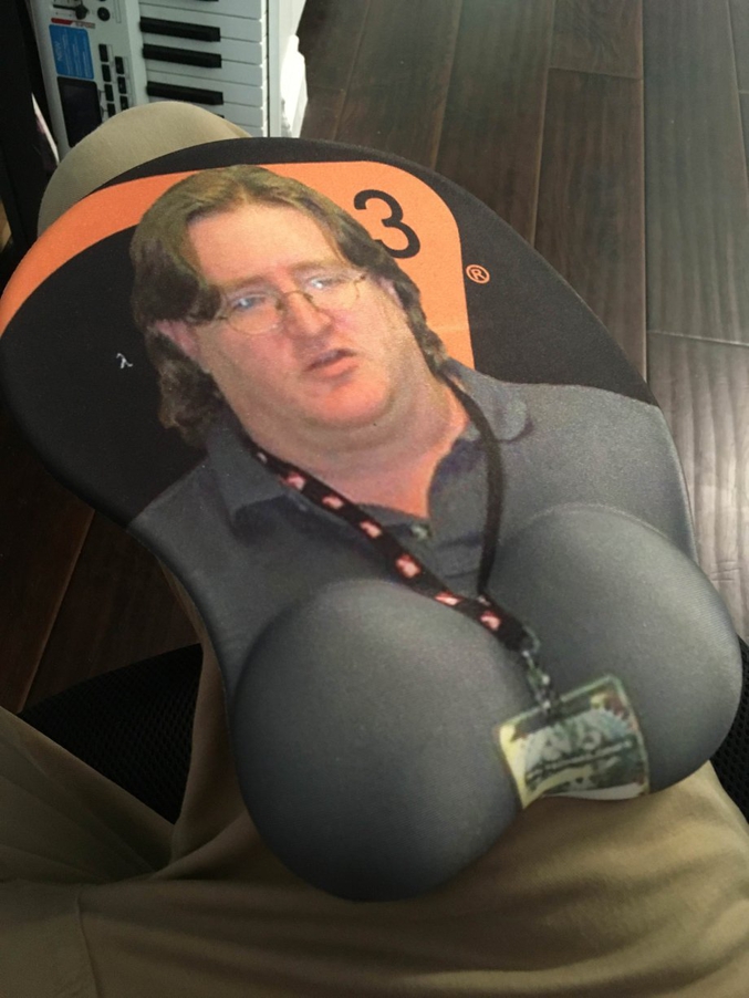 Gabe Newell est cofondateur et directeur de Valve Corporation. Il est considéré comme étant l'image de Valve auprès du public et comme ayant joué un rôle majeur dans le succès de Half-Life. Pendant la création de Half-Life 2, il s'occupa également, pendant plusieurs mois, de la réalisation de Steam.

Ici le repose poignet souvent pour représenté la poitrine d'un personnage féminin d'animé est détournée pour montrer son embonpoint.

Le 3 sur le côté droit est aussi un troll pour half life 3 je pense
