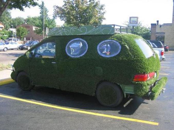 Une voiture qui a de la pelouse sur sa carrosserie.
