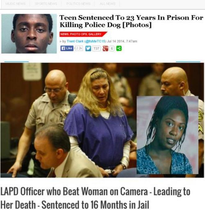 Un noir tue un chien policier = 23 ans de prison. Une policière bat "à mort" une noire = 16 mois de prison.