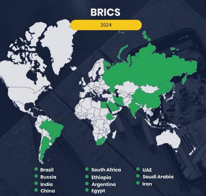 Les BRICS[Note 1] sont un groupe de cinq pays qui se réunissent depuis 2011 en sommets annuels : Brésil, Russie, Inde, Chine et Afrique du Sud. Ce groupe succède à celui plus restreint des BRIC, qui s'est réuni à partir de 2009 sans l'Afrique du Sud. Ce terme BRIC est forgé dès 2001 par un économiste de Goldman Sachs.

En août 2023, lors du 15e sommet des BRICS, le président sud-africain Cyril Ramaphosa a annoncé que l'Arabie saoudite, l'Argentine, l'Égypte, les Émirats arabes unis, l'Éthiopie et l'Iran ont été invités à rejoindre le bloc[1]. Leur adhésion pleine et entière prendra effet le 1er janvier 2024.

Silva.
« Les BRIC sont des pays à forte croissance, dont, au début du xxie siècle, le poids dans l’économie mondiale augmente. Ce terme est apparu pour la première fois en 2001 dans une note de Jim O'Neill[3], économiste de la banque d'investissement Goldman Sachs, et a été repris en 2003 dans un rapport publié par deux économistes de la même banque[4]. Ce rapport tendait à montrer que l’économie des pays du groupe BRIC allait rapidement se développer ; le PIB total des BRIC devrait égaler en 2040 celui du G6 (les États-Unis, l’Allemagne, le Japon, la France, le Royaume-Uni et l’Italie). » « Les arguments soutenant cette étude sont que ces économies ont adopté l’économie de marché, et ont engagé les réformes leur permettant de s'intégrer dans l’économie mondiale, notamment l’éducation, les Investissements directs à l'étranger (IDE), la création d'entreprise. »

La nouvelle composition des BRICS contrôlera 80 % de la production mondiale de pétrole
Avec l'adhésion de l'Arabie saoudite, des Émirats arabes unis et de l'ran aux BRICS, lUnion sera en mesure de contrôler la part du lion de la production mondiale de pétrole.
Il en va de même pour la forte croissance du PIB des nouveaux pays BRICS. Il représentera 30 % du PIB mondial et dépassera les 30 000 milliards de dollars.
