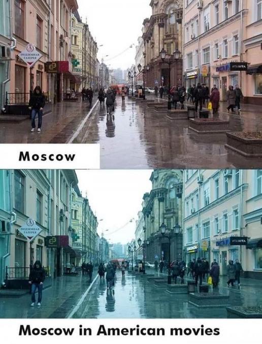 Une rue de Moscou vue normalement, puis avec un filtre (américain) rendant le même spectacle plus froid, plus austère, plus triste...