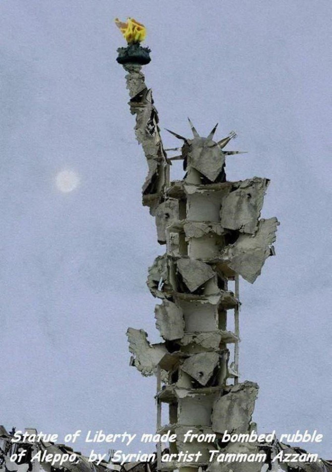 Une œuvre faite à partir de décombres bombardés d'Alep, par l'artiste syrien Tammam Azzam.
