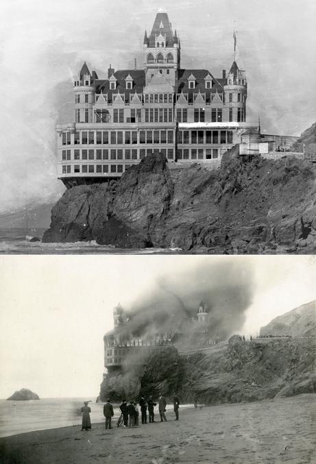 Cliff house à San Francisco vers 1900 et, plus bas, après le tremblement de terre de 1907