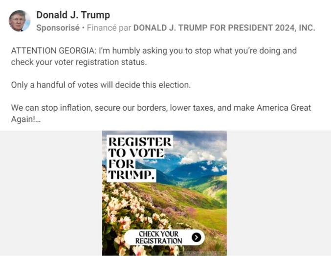 En exclusivité sur Facebook et Instagram, Trump appelle les habitants de la Géorgie à voter massivement pour lui, en ajoutant une jolie photo de paysage à son message. Sauf que la photo a été prise par Andrew Mayovskyy, qu'elle est en vente sur sa page Shutterstock et qu'elle représente un paysage de la Haute Svaténie dans le Caucase géorgien.