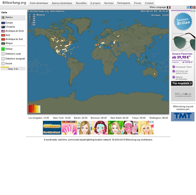 Une carte des impacts de foudre en temps réel dans le monde.