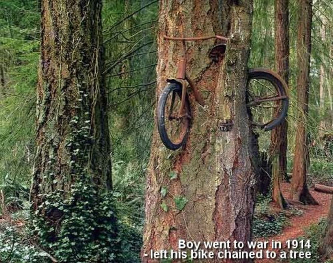 En laissant son vélo attaché à un arbre