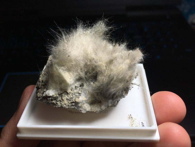 Ceci est un minéral appelé byssolite, dont le nom signifie "Barbe de pierre". Les "poils" sont en fait des cristaux ultra-fins.