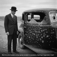 L'auto de Bonnie Parker & Clyde Barrow après le mitraillage qui leur coûta la vie