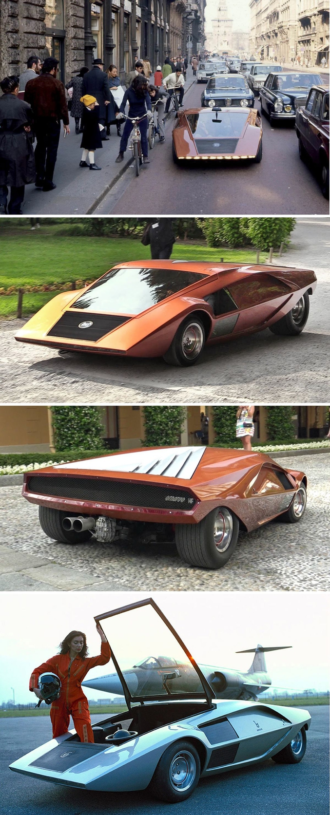 Première image, les passants découvrent dans la rue ce prototype conçu par Lancia en 1970. La Stratos fut la première voiture conçue en vue des rallyes internationaux, ce qui lui permit de gagner face aux autres modèles, qui, à l'époque, étaient de simples adaptations de versions initialement prévues pour l'usage routier de la grande série. 
La Stratos fut développée sous la responsabilité de l'ingénieur Nicola Materazzi. 
La version finale pesait entre 900 et 950 kg pour une puissance de 190 à 300 chevaux.