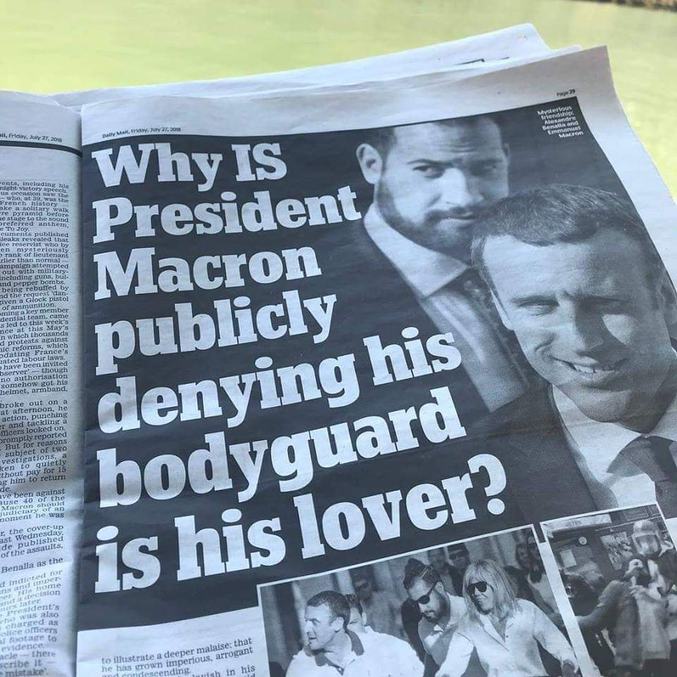 "Pourquoi le président Macron nie-t-il publiquement que son garde du corps est son amant ?" (Daily Mail)
