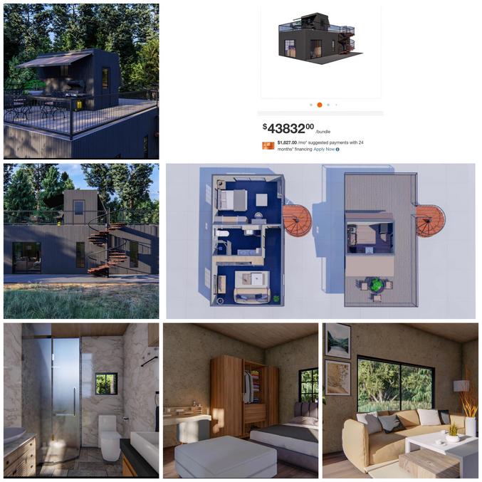44000$ la maison 50 m2 Durable sur plusieurs générations 


Ou https://www.plus1homekits.com/home-kits/1-2-bedroom/getaway-pad/