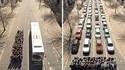 Photo didactique démontrant qu'une même population aurait intérêt à moins polluer en prenant les transports en commun